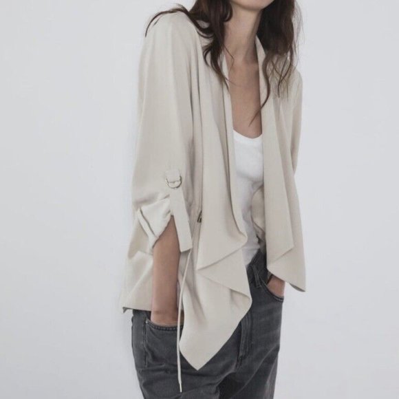 Beautiful EUC Zara Open Front Drawstring Waterfall Blazer Jacket in Beige, Small - Picture 4 of 11